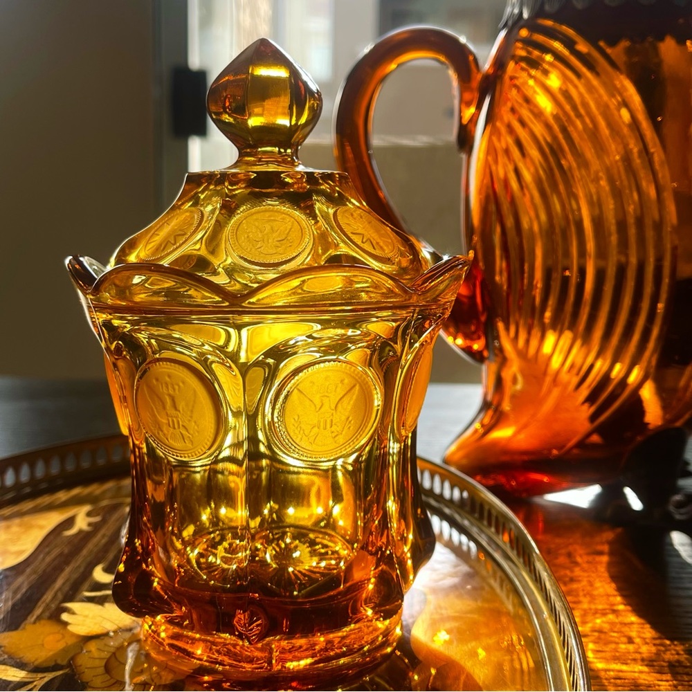 6.25” Vintage Amber Fostoria Coin Glass Dot Lidded Candy Dish